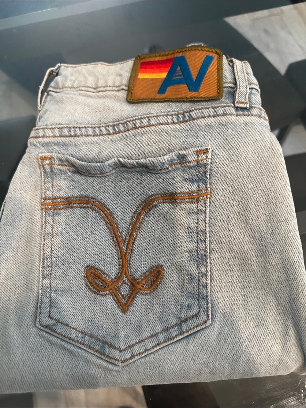 Aviator Nation Light Blue Women's Jeans with Retro Patch see photos for stain